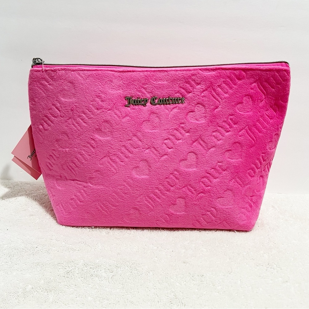 NWT! Juicy Couture Pink Soft Velvet Large Cosmetic Bag Travel Girlie Coquette